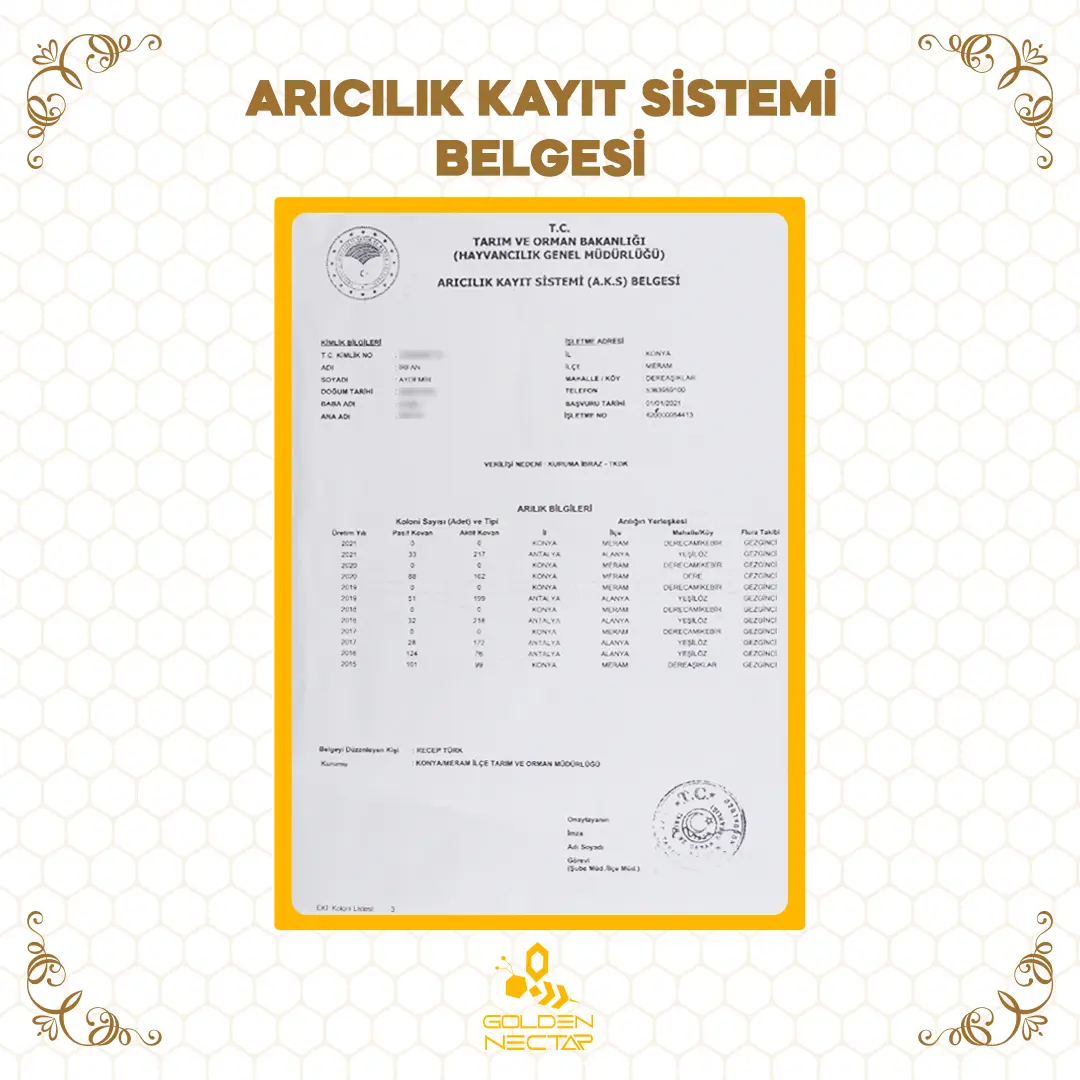 Arıcılık Kayıt Sistemi Belgesi
